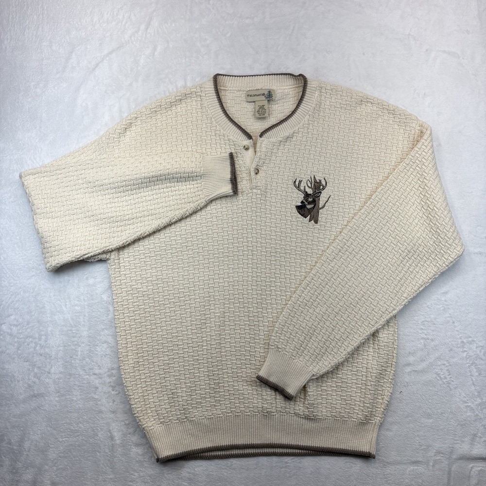 Fieldmaster Vintage 90s Cotton Knit Sweater Mens L Deer Buck Embroidered